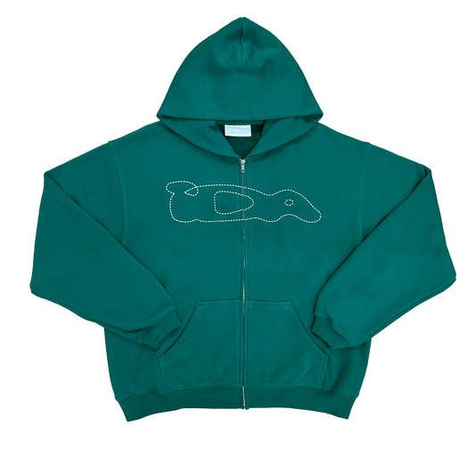 CHAIN STITCH ZIP UP HOODIE (GREEN)